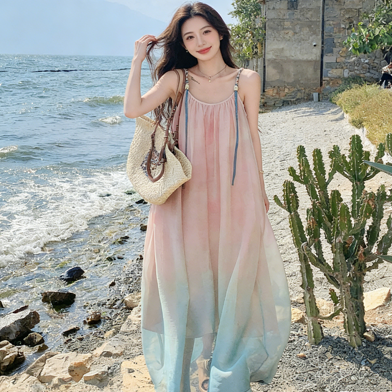 ชุดเดรสโบฮีเมียนแขนกุดไล่โทนสีโอ็มเบรทรงเอหลวมพลิ้วสําหรับฤดูร้อน