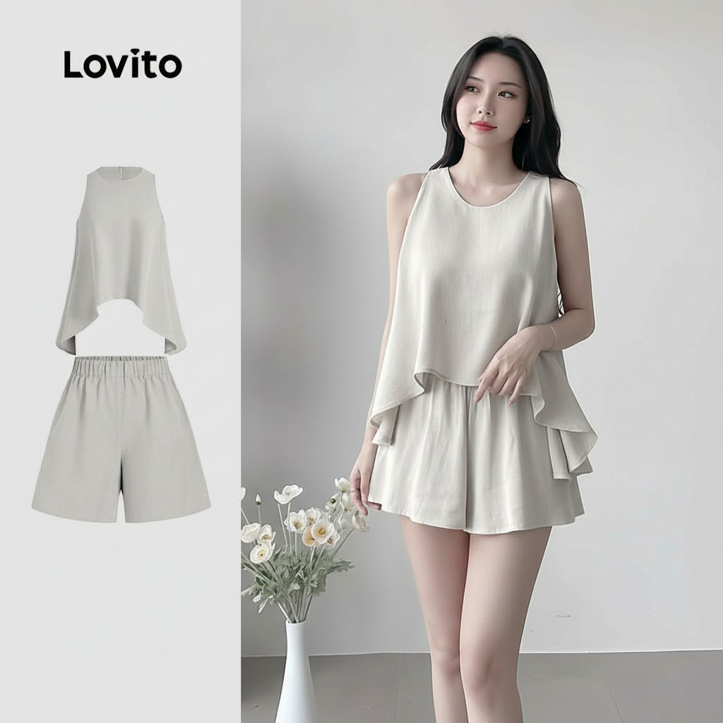 Lovito เสื้อเชิ้ตหรือกางเกงผู้หญิงสไตล์ลําลอง ดีไซน์ไม่สมมาตร สําหรับฤดูร้อนและฤดูใบไม้ผลิ L131ED610