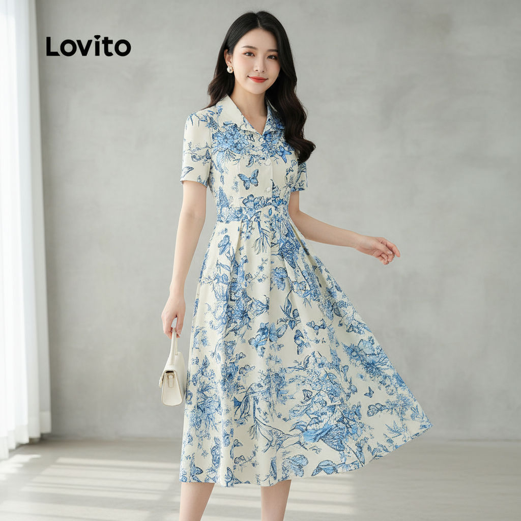 Lovito เดรสผู้หญิงทรงเรียบหรู ซิปพลิ้ว สไตล์ฤดูใบไม้ผลิและฤดูร้อน L154LD356