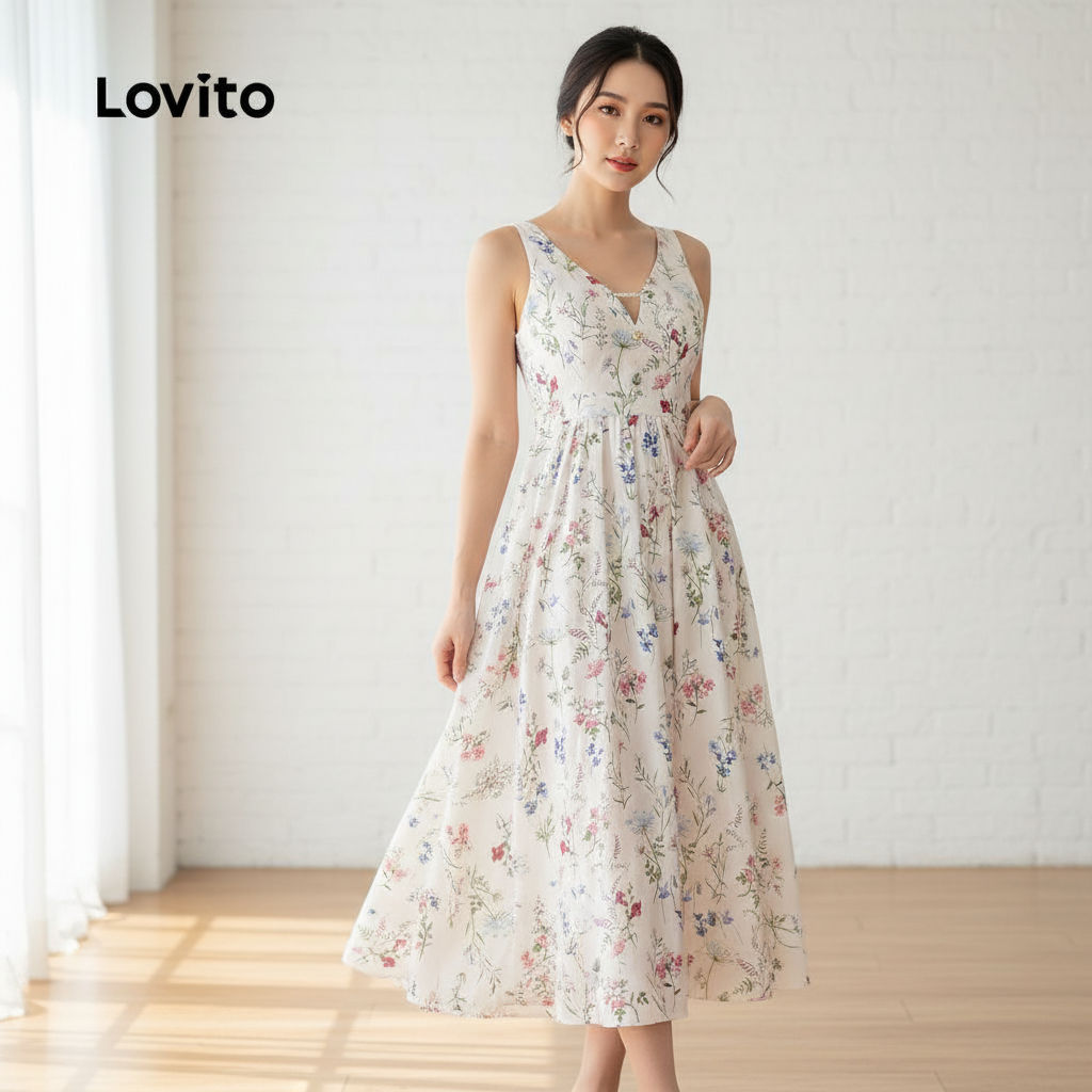 Lovito ชุดเดรสลําลองระบายชายกระโปรง ทรงรูดข้าง สําหรับผู้หญิงในฤดูใบไม้ผลิฤดูร้อน L138ED397
