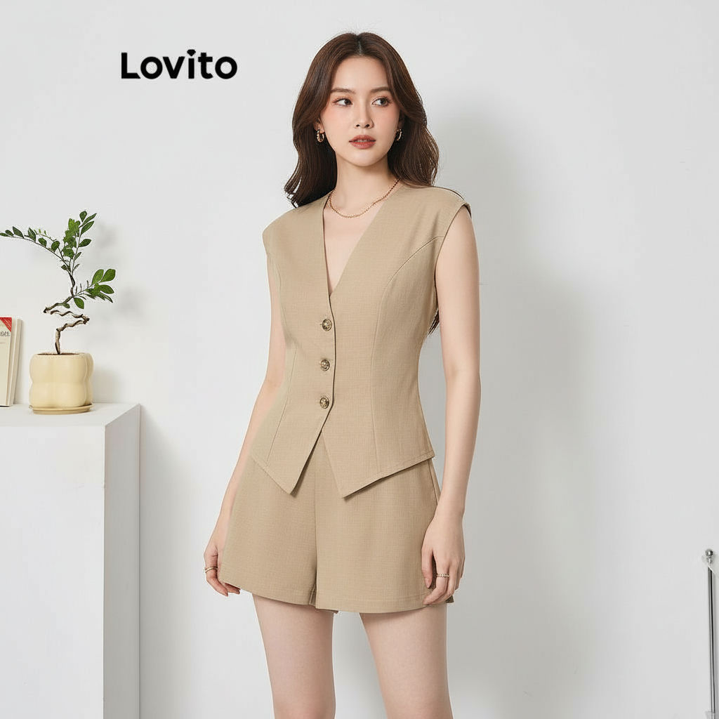 Lovito ชุดเซตกางเกงขาสั้นผู้หญิงดีไซน์หรูหรา สีพื้น L74ED221