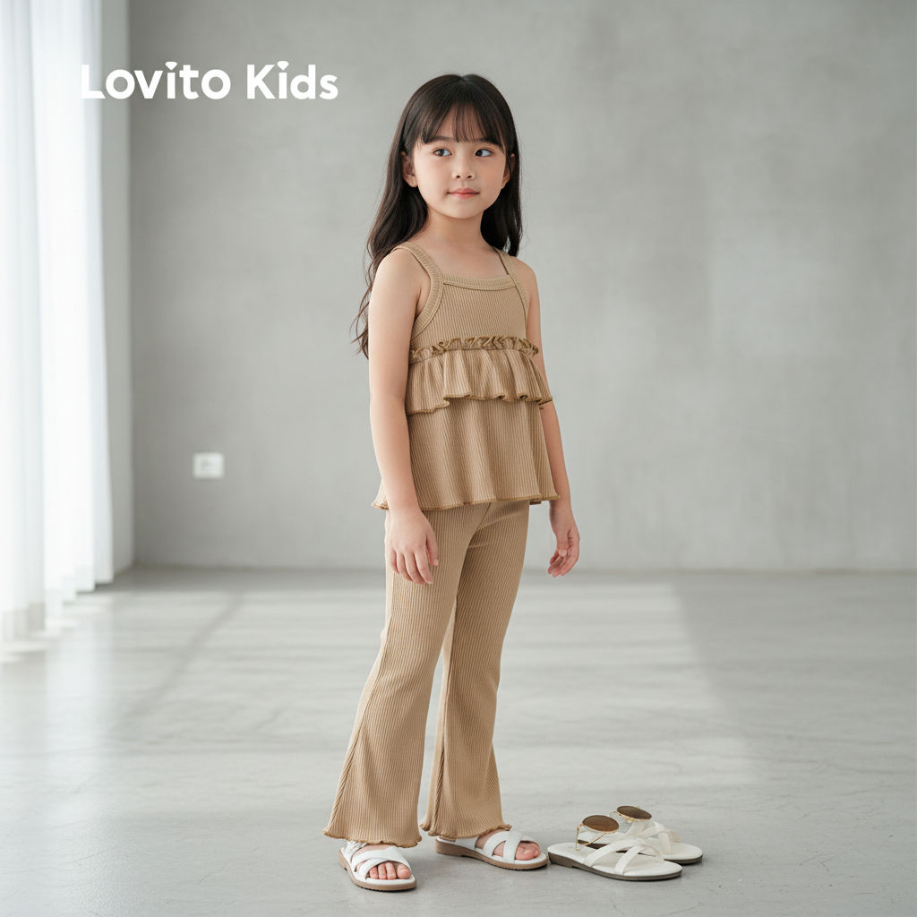 Lovito Kids ชุดเซตกางเกงลําลอง แต่งระบายชั้นลาย สําหรับฤดูร้อน สีกากี LNL119248