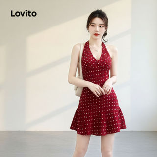 Lovito ชุดเดรสสีแดงสําหรับสุภาพสตรี สไตล์ลําลอง เหมาะกับฤดูใ…