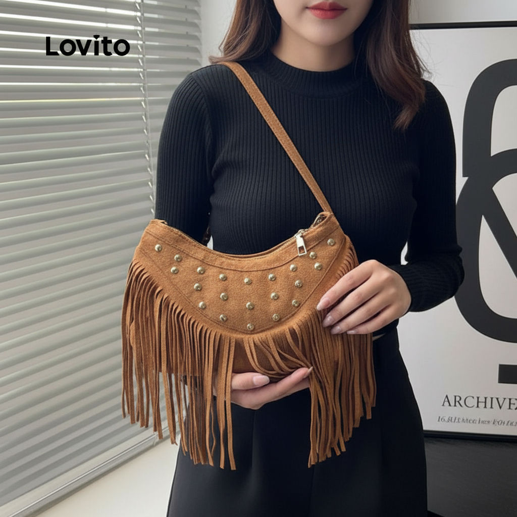 Lovito กระเป๋าถือผู้หญิงแต่งหมุดดีไซน์ลําลอง LFA104009