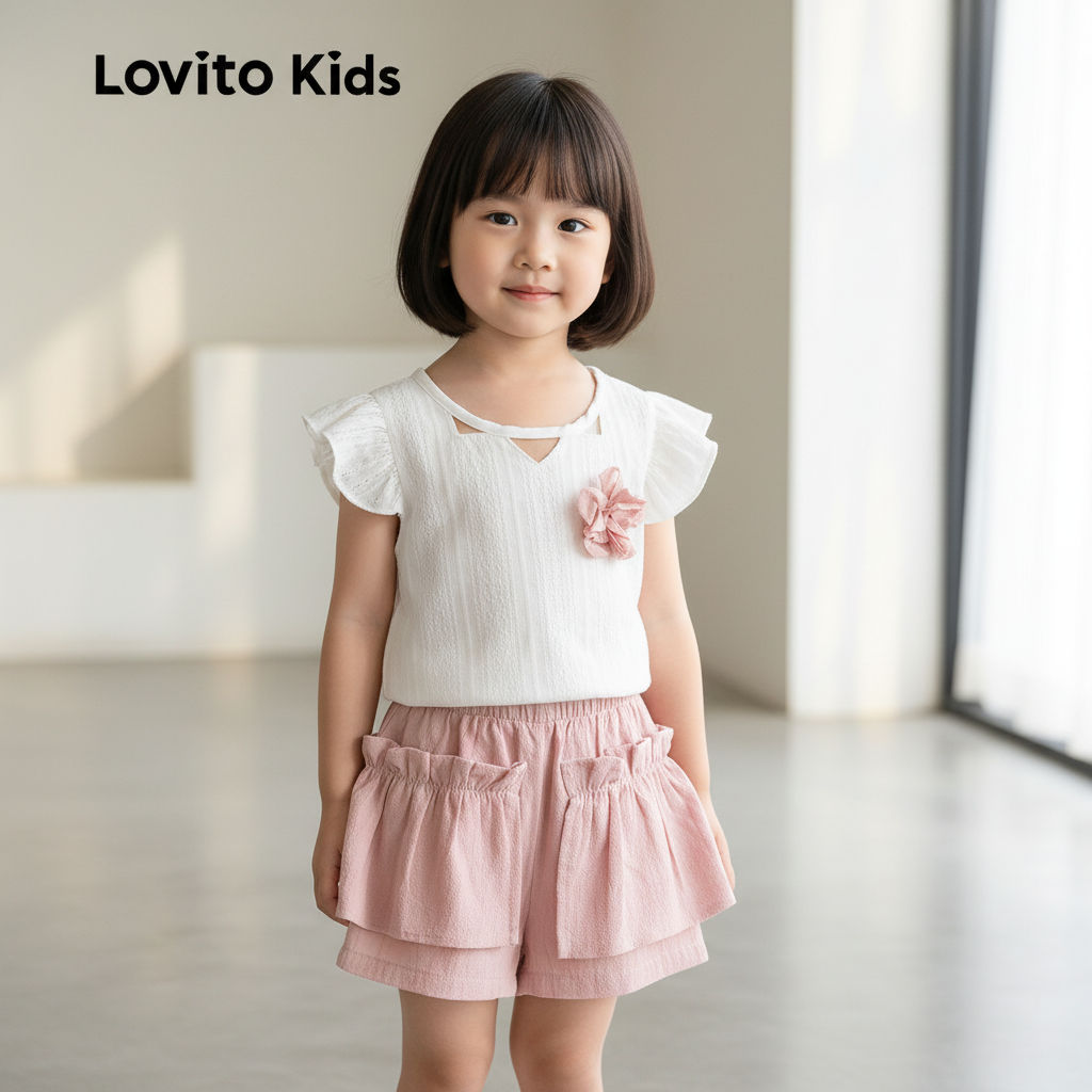 Lovito Kids ชุดเซตกางเกงขาสั้นน่ารักสําหรับสาวๆ ฤดูใบไม้ผลิ/ฤดูร้อน LNL128124