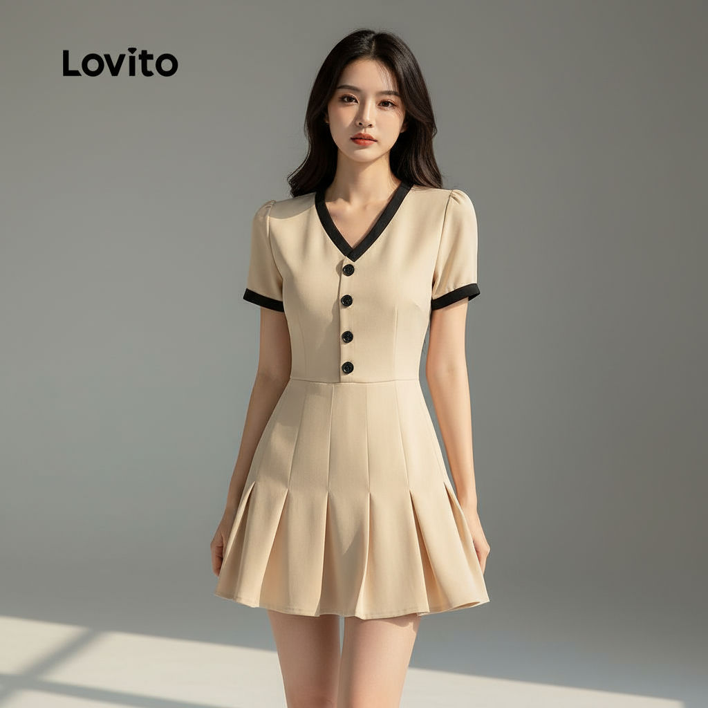 Lovito แคชชวล ชุดเดรสผูกโบว์หน้า มีกระดุม สไตล์ฤดูใบไม้ผลิ/ฤดูร้อน สีคากี L157LD244