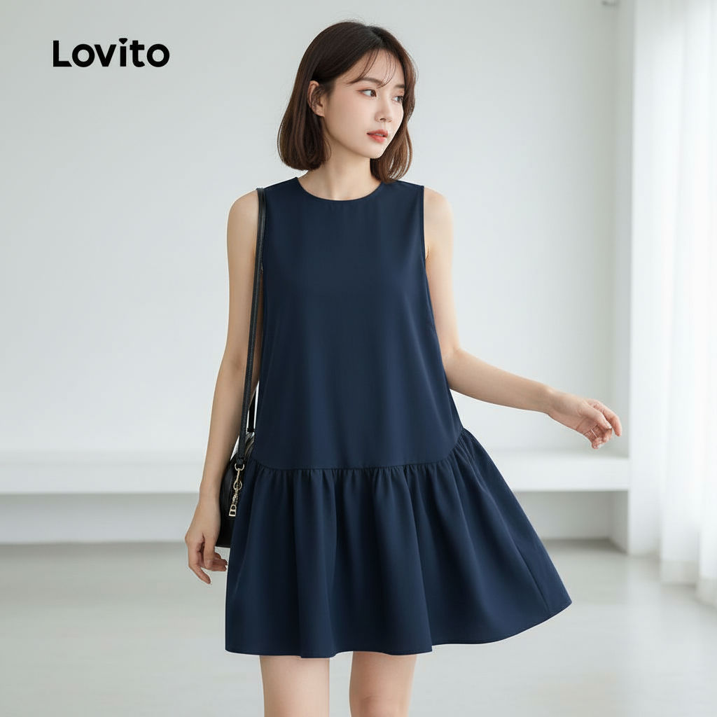 Lovito แคชชวล เดรสผู้หญิงทรงกางเกง ผูกเอว สีฟ้าเข้ม สไตล์ แฟชั่นฤดูใบไม้ผลิ ฤดูร้อน L154ED239