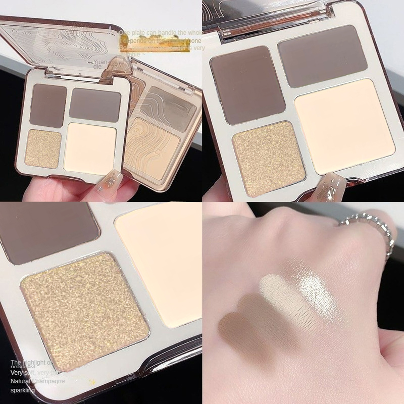 จานสีคอนทัวร์สามมิติไฮกลอสสําหรับผู้หญิง, จานสีคอนทัวร์ออลอินวันสี่สีที่ละเอียดอ่อน, คอนทัวร์, เงาจมูก, กระจ่างใส, นักเรียนด้าน