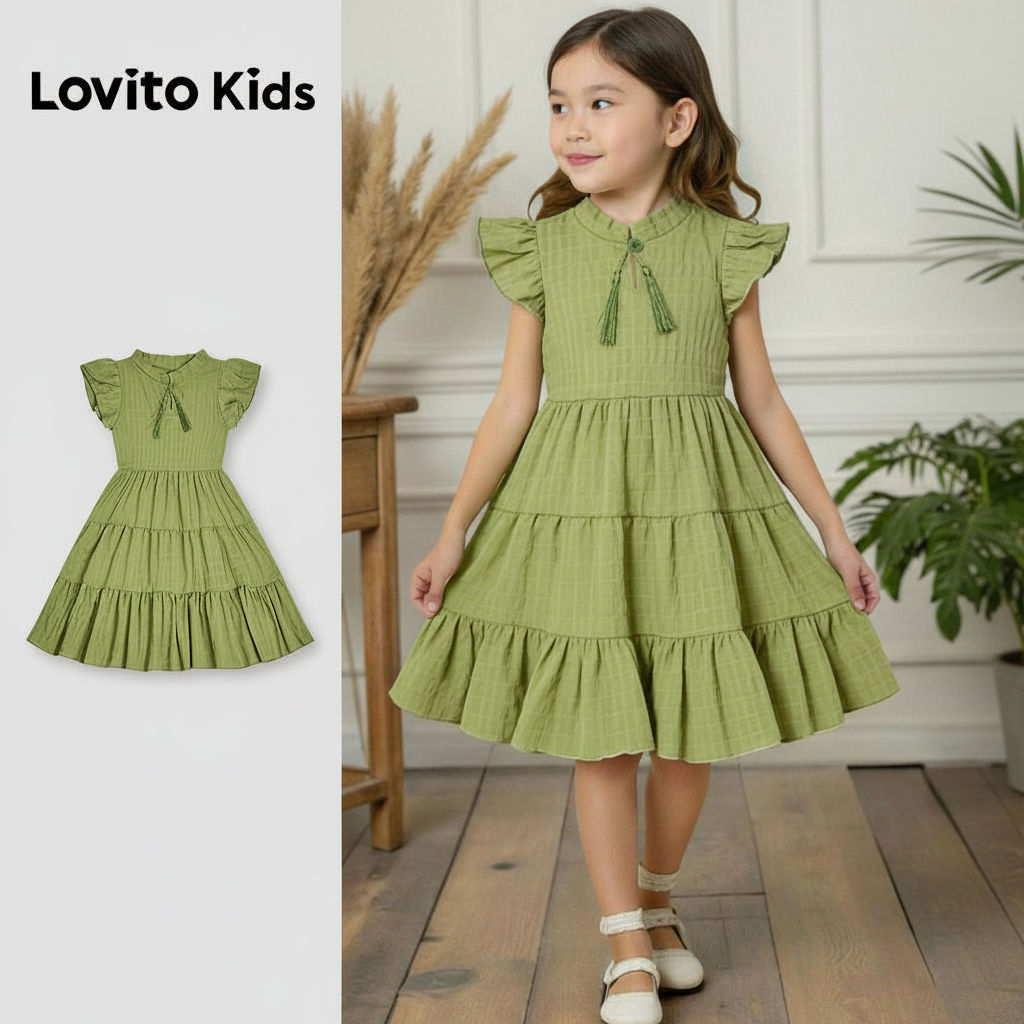 Lovito เด็ก ชุดเดรสสีเขียวประดับพู่และเลเยอร์สําหรับฤดูใบไม้ผลิ/ฤดูร้อน L168LD182