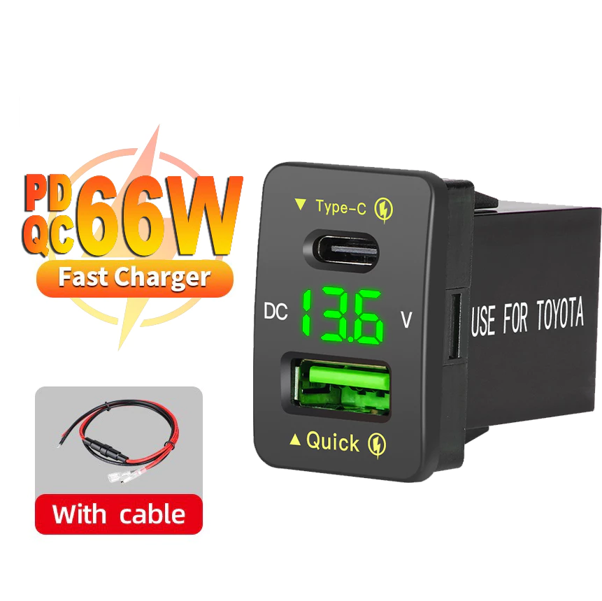 QC3.0 48W USB-C Car Charger Adapter, 12V/24V Fast Charging สําหรับ Toyota, โทรศัพท์