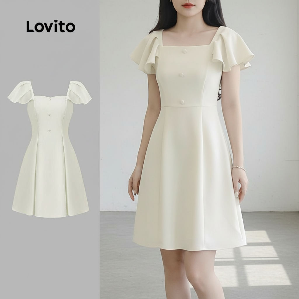 Lovito ชุดเดรสผู้หญิงสีแอปริคอตหรูหราสไตล์ฤดูใบไม้ผลิฤดูร้อน ตกแต่งกระดุมเรียบ L134ED743