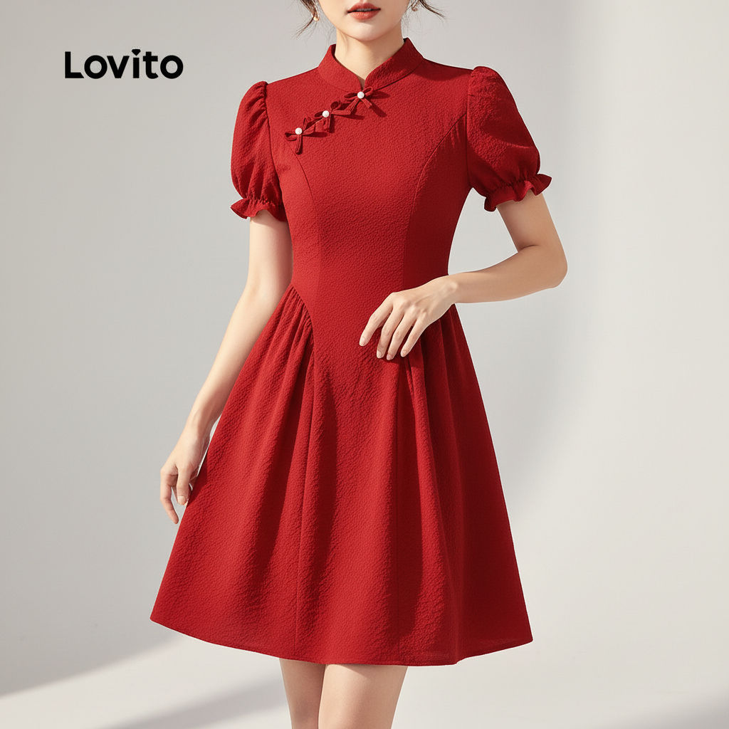 Lovito เดรสแดงหรูหราสไตล์จีนต้อนรับปีใหม่ ชุดกี่เพ้าติดกระดุมสําหรับฤดูใบไม้ผลิ/ฤดูร้อนผู้หญิง L156A