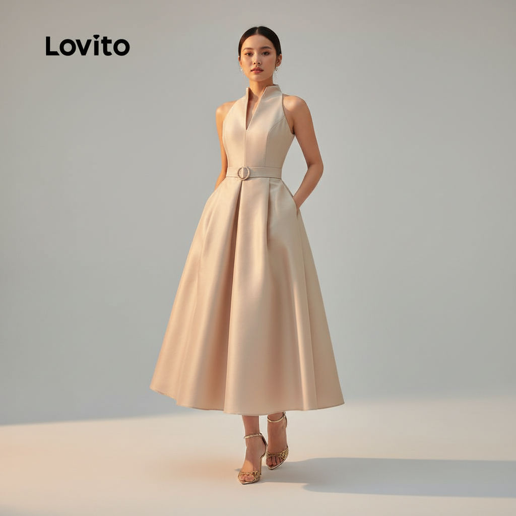 Lovito สง่างาม ชุดเดรสสายเส้นโลหะ ดีไซน์โดดเด่น สําหรับฤดูร้อน สีอ่อน L158AD1696