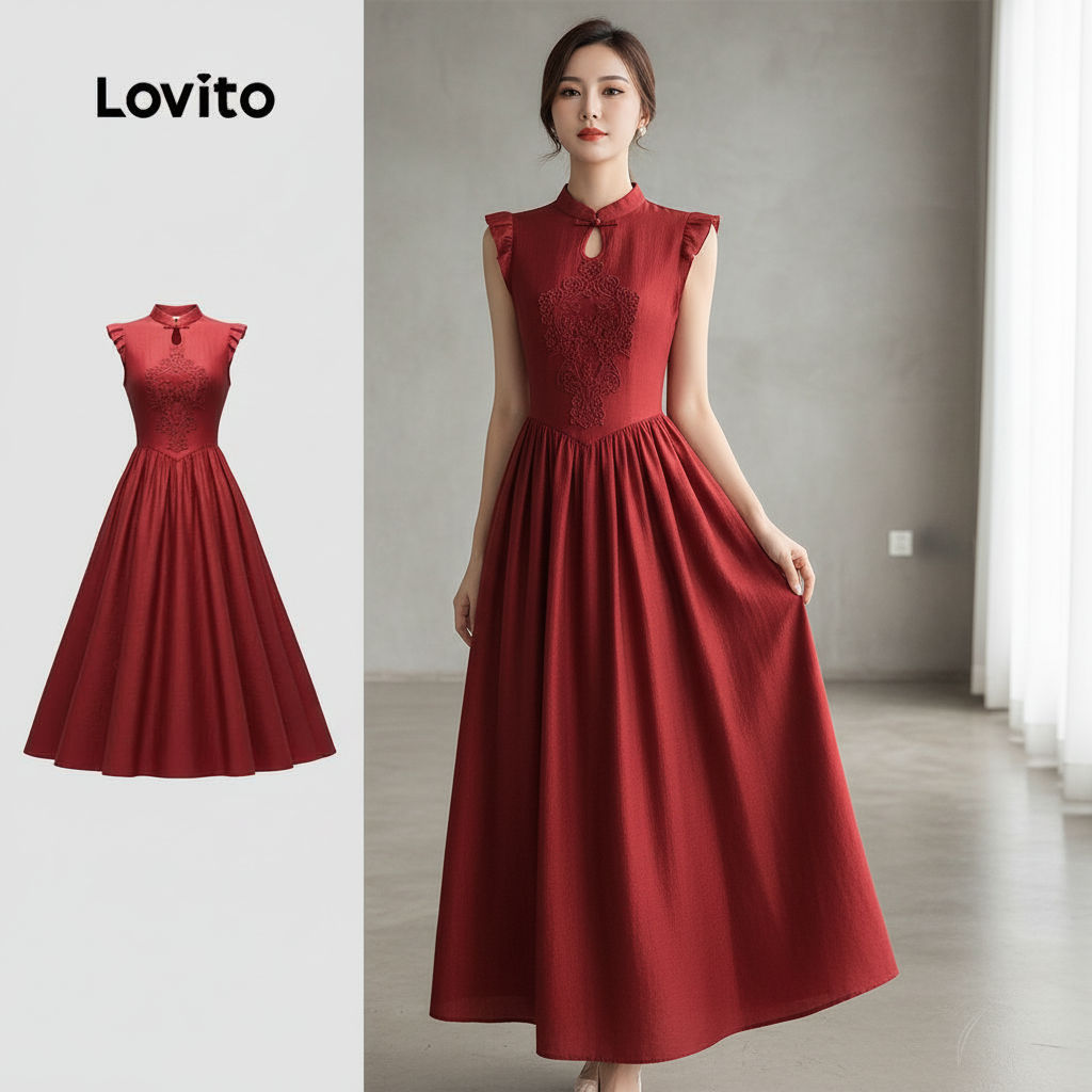 Lovito เดรสหรูหราสําหรับเทศกาล ปาร์ตี้ สไตล์จีนร่วมสมัย เดรสสีแดงเข้มฤดูใบไม้ผลิฤดูร้อนสําหรับผู้หญิ