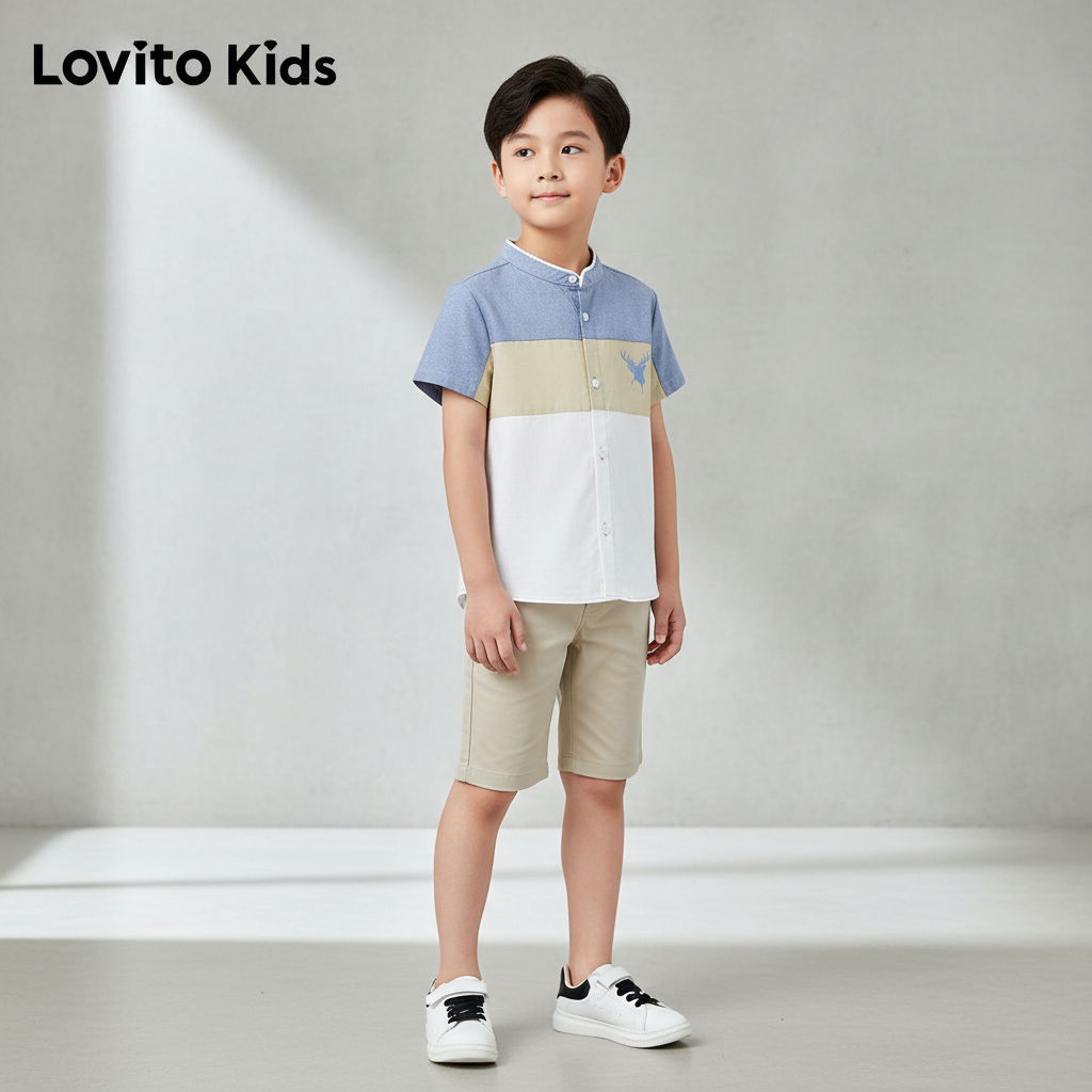 Lovito เสื้อเชิ้ตเด็กผู้ชาย ติดกระดุม ลําลอง ฤดูใบไม้ผลิ ฤดูร้อน L168LD203