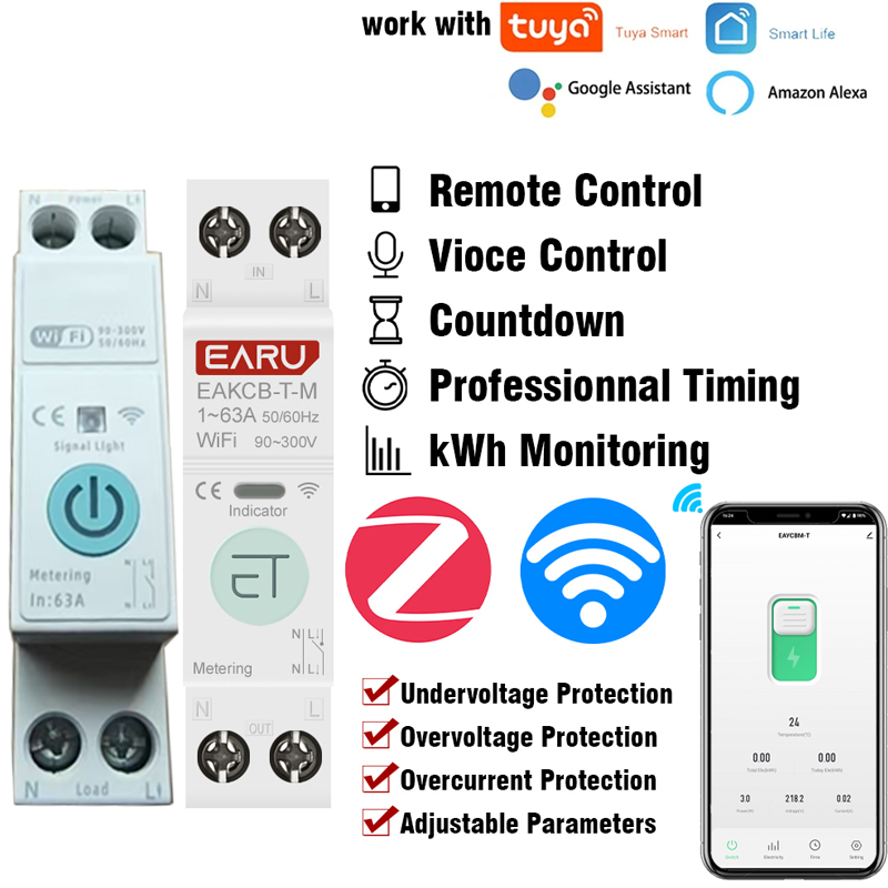 ทํางานกับ Tuya WiFi Zigbee สมาร์ท Circuit Breaker MCB 1P + N 63A พลังงาน kWh แรงดันไฟฟ้า Current Meter Protector เสียงรีโมทคอนโทรลสวิทช์