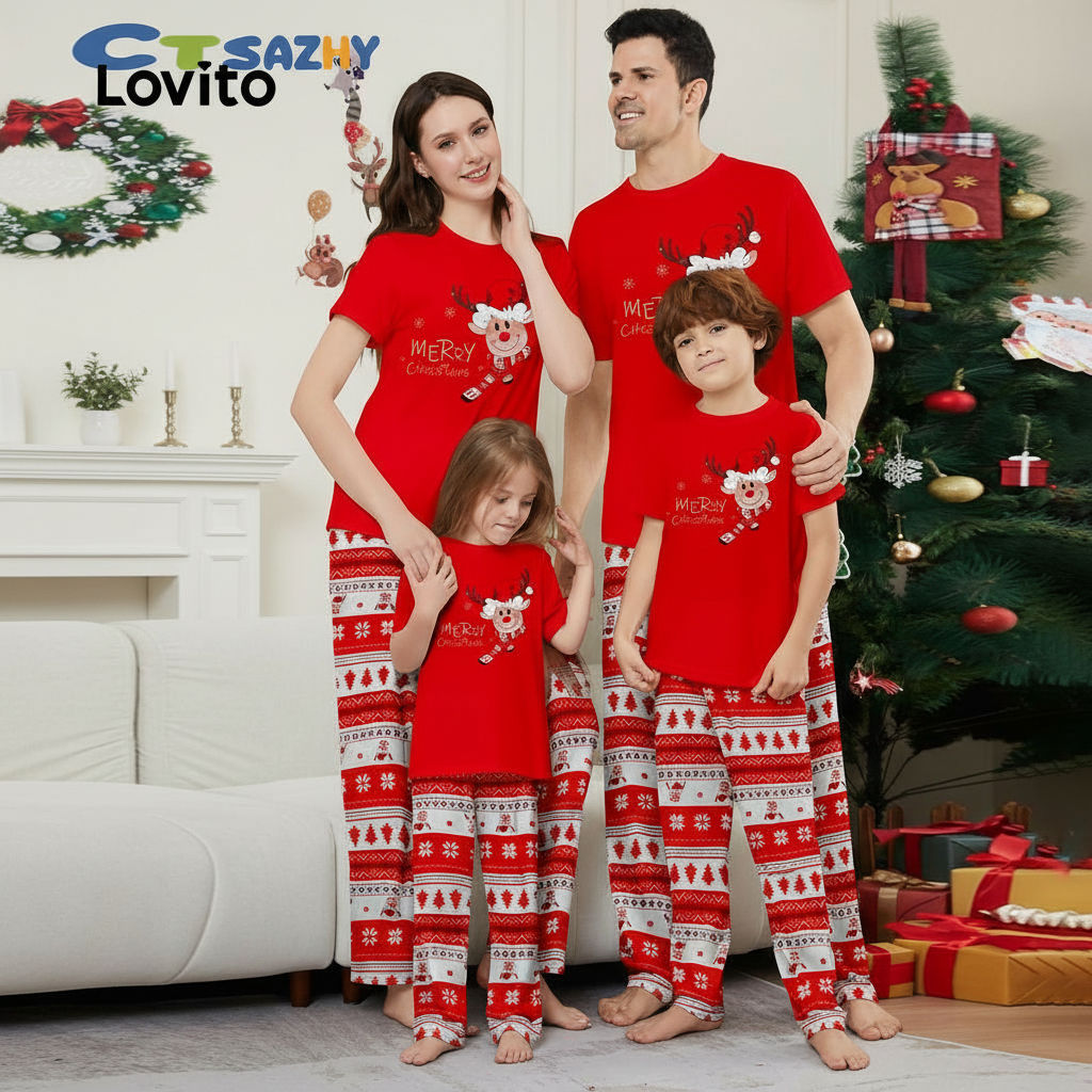 Lovito ชุดเซตกางเกงลําลองผู้หญิง สีแดง เหมาะกับเทศกาลคริสต์มาสและฤดูหนาว LNE125013