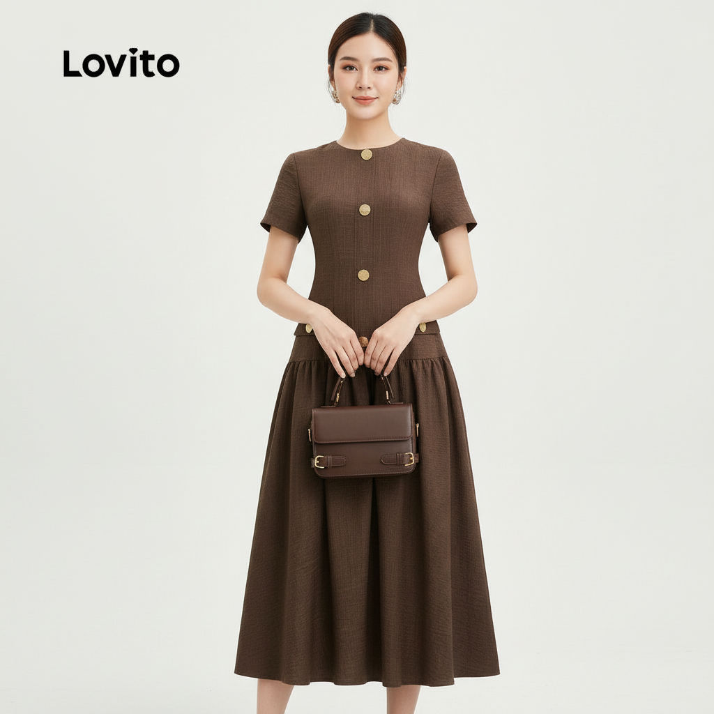 Lovito ชุดเดรสผู้หญิงสีน้ําตาลมอคค่า สไตล์หรูหรา กระดุมหน้า สําหรับฤดูใบไม้ผลิ ฤดูร้อน L165ED156 ราคา ถูกที่สุด ดีลบีเคเค รูปภาพหลัก
