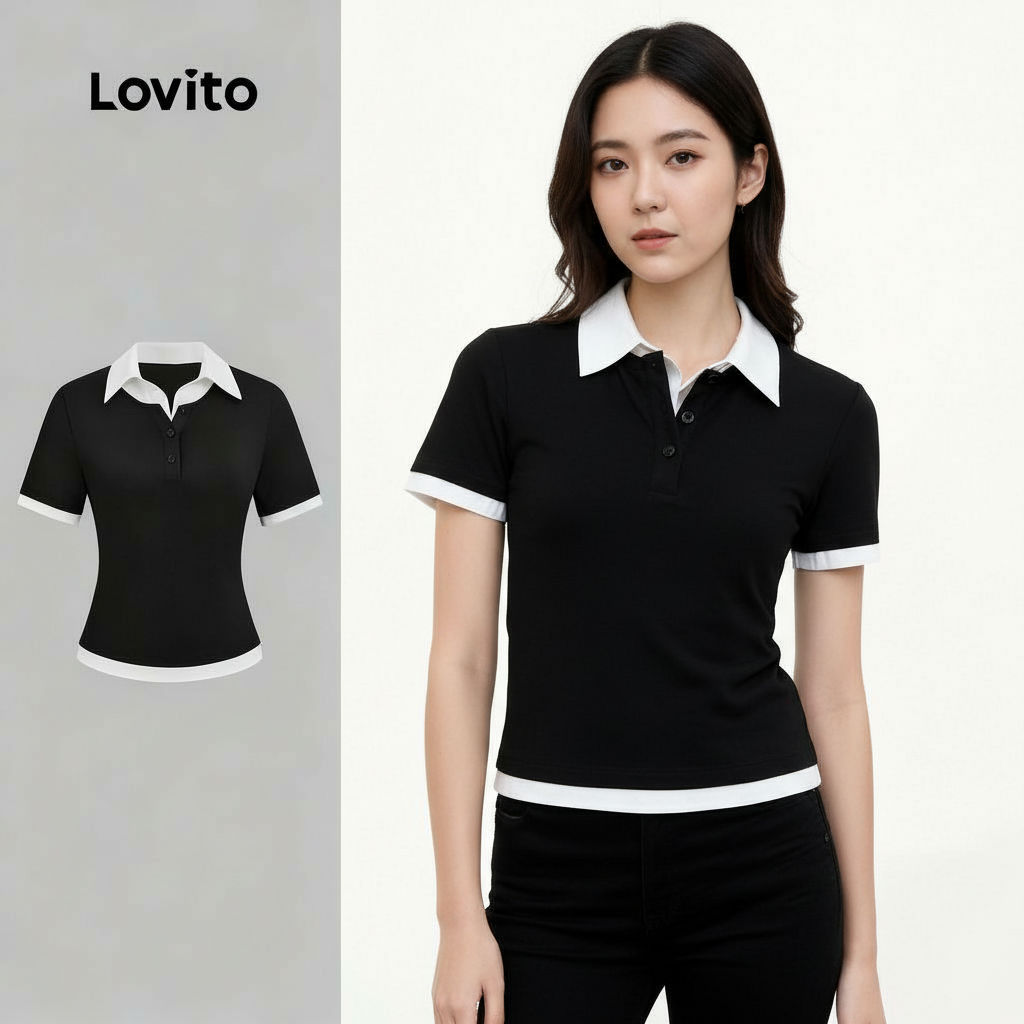 Lovito เสื้อยืดผู้หญิงลายบล็อกสี 2in1 สไตล์ฤดูใบไม้ผลิ ฤดูร้อน สีดํา ขาว L159AD168