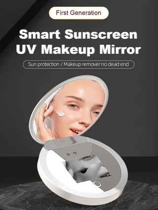 กระจกแต่งหน้า LED มินิแบบพกพาพร้อมกล้อง UV ตรวจสอบครีมกันแดดใบหน้าสวยงาม กระจกอเนกประสงค์สําหรับใช้ในบ้าน เดินทาง และใช้ในชีวิตประจําวัน ขนาดกะทัดรัดและชาร์จไฟได้