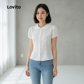 Lovito เสื้อเบลาส์ผู้หญิงสีขาวลายกระดุมน่ารัก สําหรับฤดูใบไม…