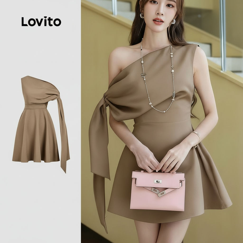 Lovito สง่างาม เดรสสวยหรูผูกหน้าแบบไม่สมมาตรสําหรับฤดูใบไม้ผลิ/ฤดูร้อน สีคากิ L164ED283