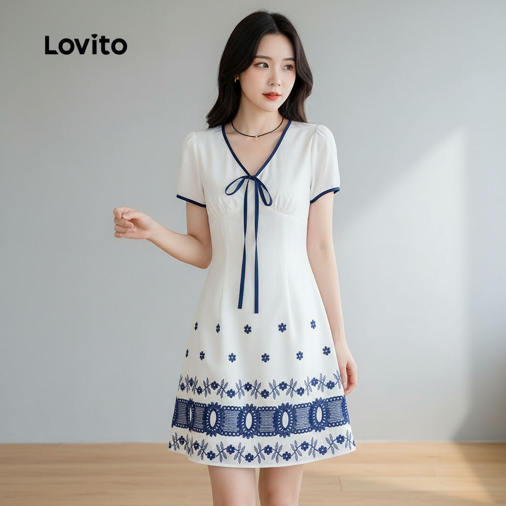 Lovito ชุดเดรสผู้หญิงสีดําตัดกันสไตล์น่ารักสําหรับฤดูใบไม้ผลิและฤดูร้อน L166AD1073