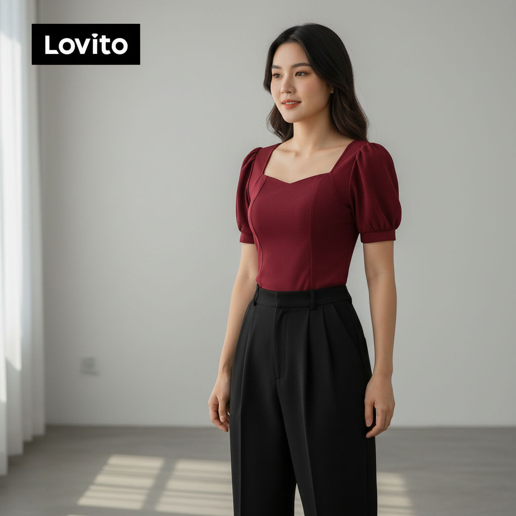 Lovito เสื้อยืดทรงกี่เพ้า สไตล์จีนใหม่ สีแดง สําหรับผู้หญิง L157ED397