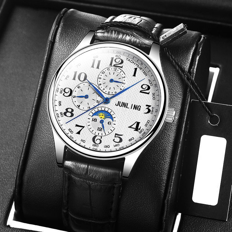 ผู้ชาย Moonphase นาฬิกาควอตซ์ธุรกิจเหล็ก/หนัง Band Retro หน้าปัดขนาดใหญ่โครโนกราฟ