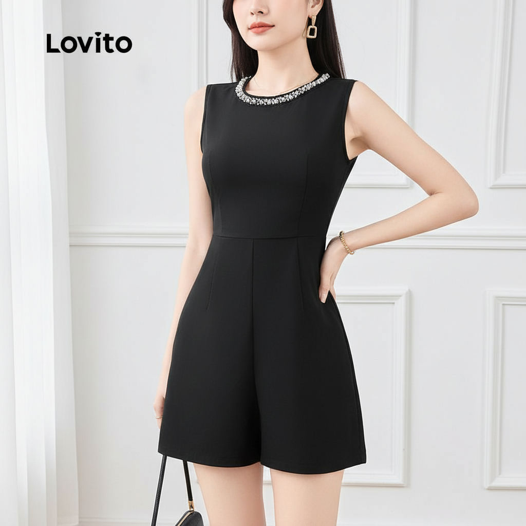 Lovito จั๊มสูทผู้หญิงไข่มุกเรียบหรู L129AD041