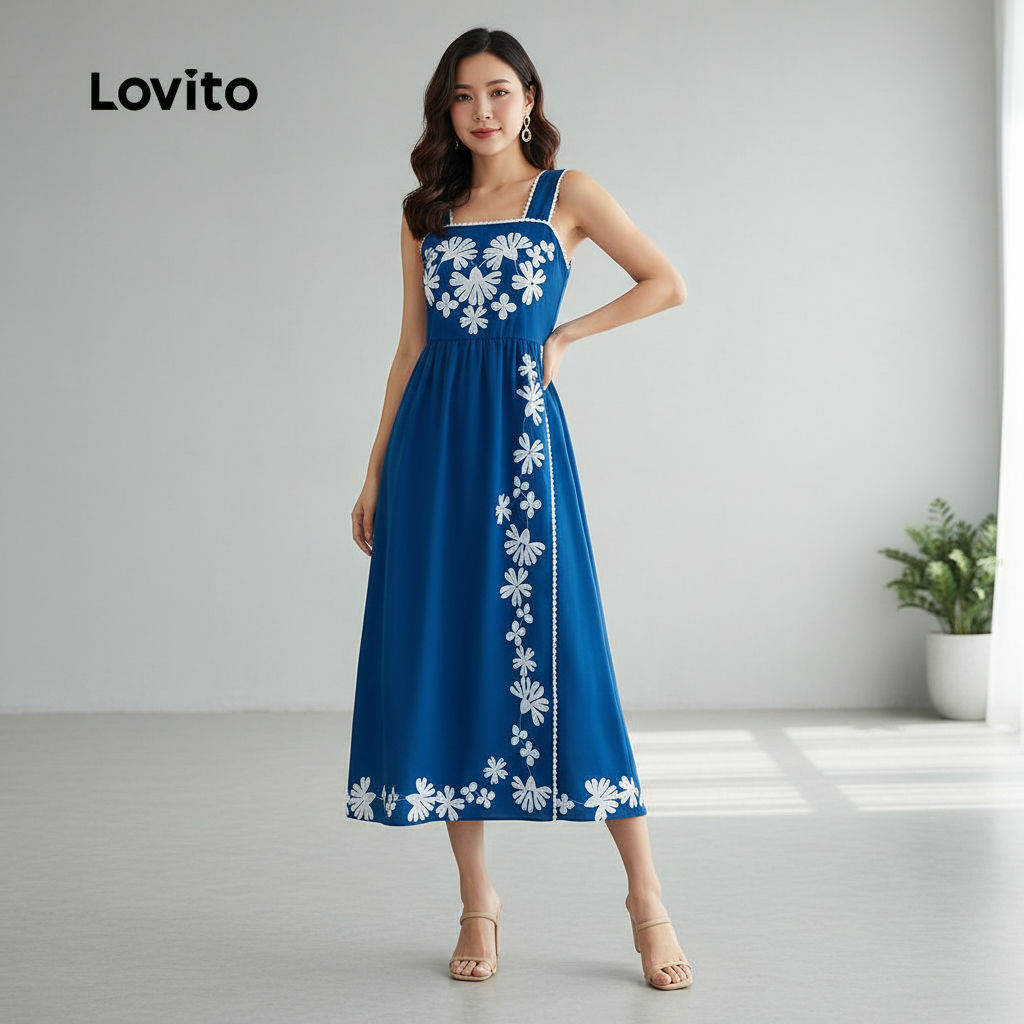 Lovito ชุดเดรสคอระบายลายดอกไม้สีตัดกันสไตล์หรูหราสําหรับผู้หญิง LBL23073