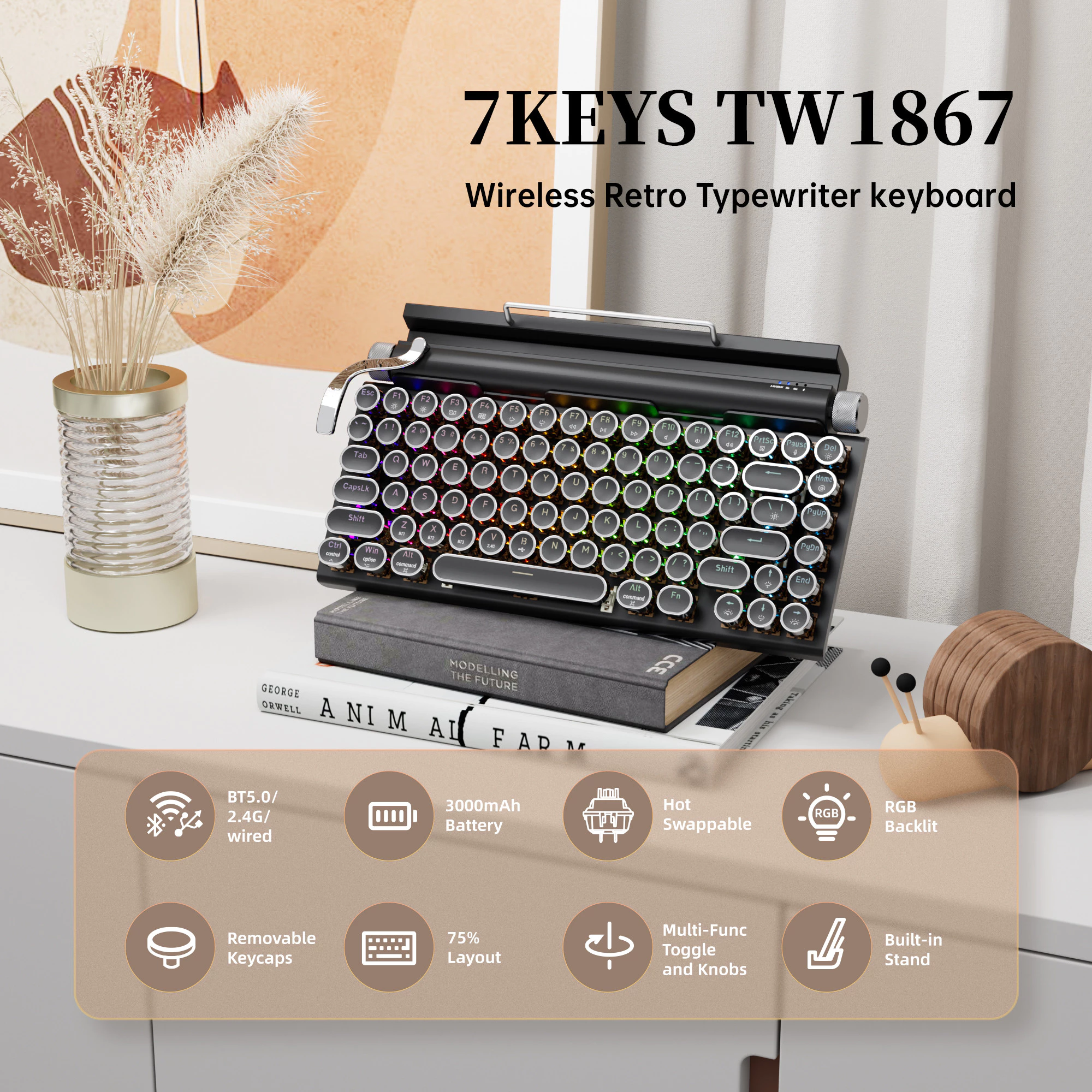 คีย์บอร์ดกลไกไร้สาย 7KEYS TW1867 Retro Typewriter RGB thumbnail 3