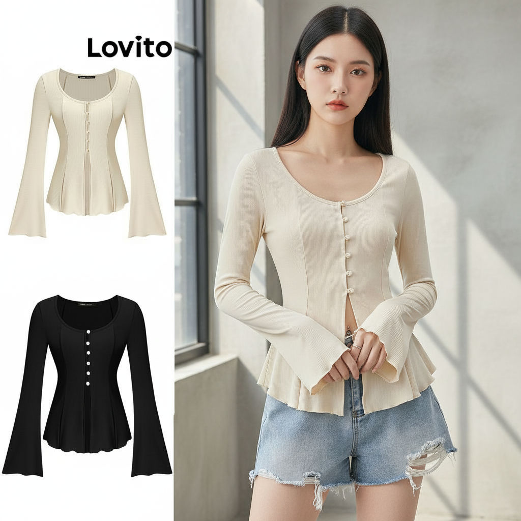 Lovito เสื้อยืดผู้หญิง ทรงลําลอง รัดตัว ด้านหน้าแต่งกระดุมไม่สมมาตร ดีไซน์เรียบ L52AD153 มีหลายสี