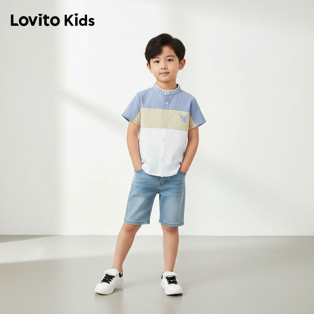 Lovito เสื้อเชิ้ตเด็กผู้ชาย ติดกระดุม สไตล์ลําลอง ฤดูใบไม้ผลิ/ฤดูร้อน L168LD203
