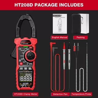 HT208D แคลมป์มิเตอร์ดิจิตอลมืออาชีพพร้อม RMS แท้, กระแสไฟ AC/DC 1000A, ตัวเก็บประจุ, อุณหภูมิ และตรวจจับ NCV