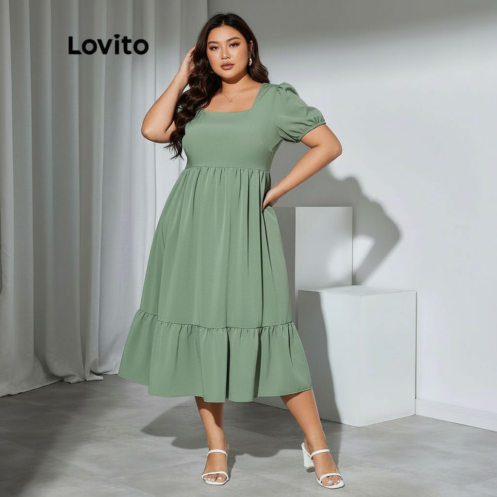 Lovito เดรสพลัสไซส์ แขนตุ๊กตา คอเหลี่ยม ซิปหลัง สีพื้น สไตล์แคชชวล สําหรับผู้หญิง LPS05023 (สีเขียว)