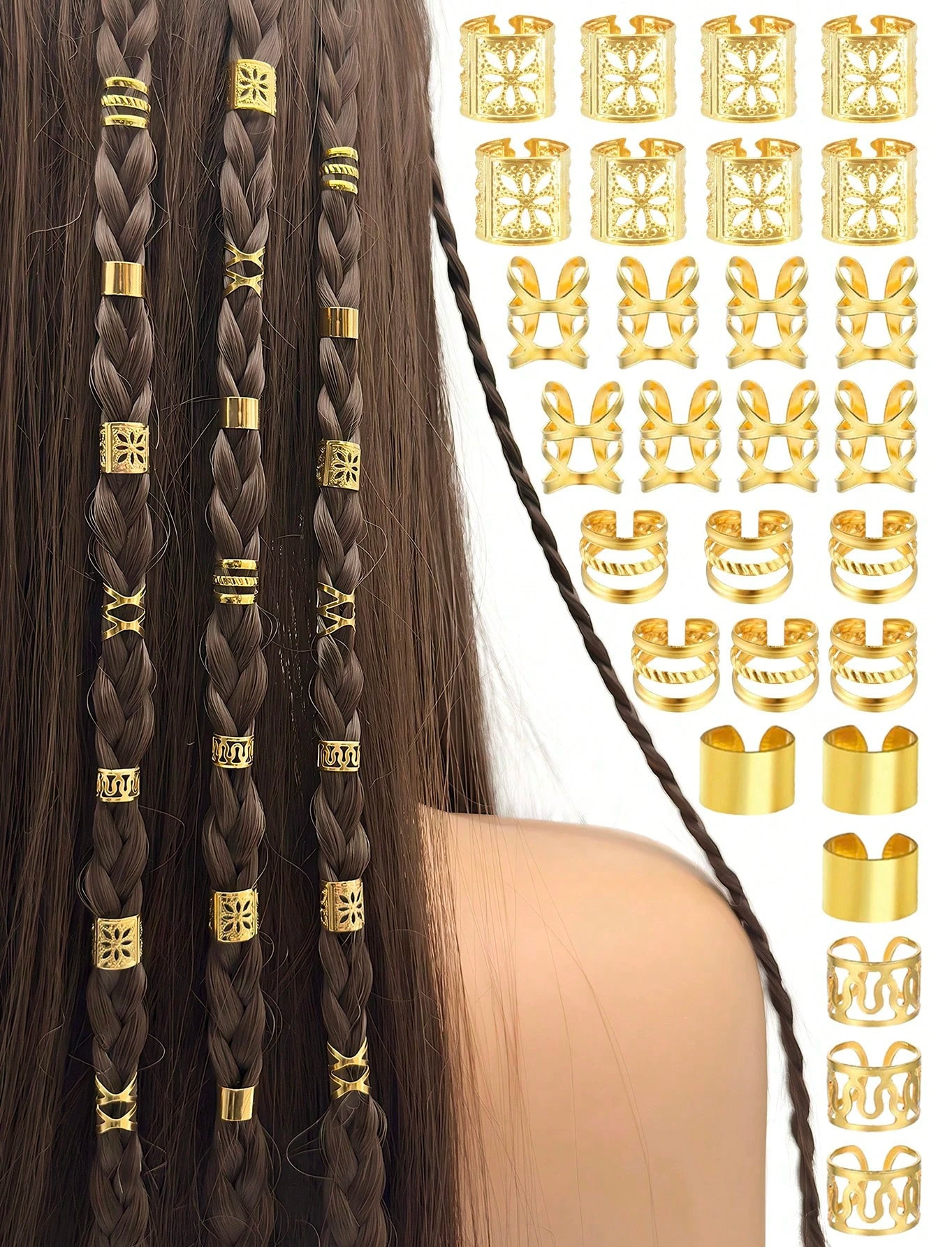 ชุดถักเปียดอกไม้กลวงสีทองสไตล์เทศกาลโบโฮ | Braids Dreadlocks แหวนผม Braiding อุปกรณ์เสริม - 50 ชิ้น