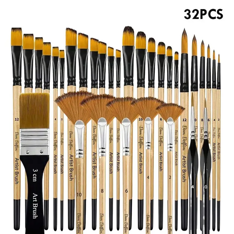 ชุดพู่กันสีน้ํา 32 ชิ้น ด้ามไม้ ขนไนลอน สําหรับสีอะคริลิคและสีน้ํา