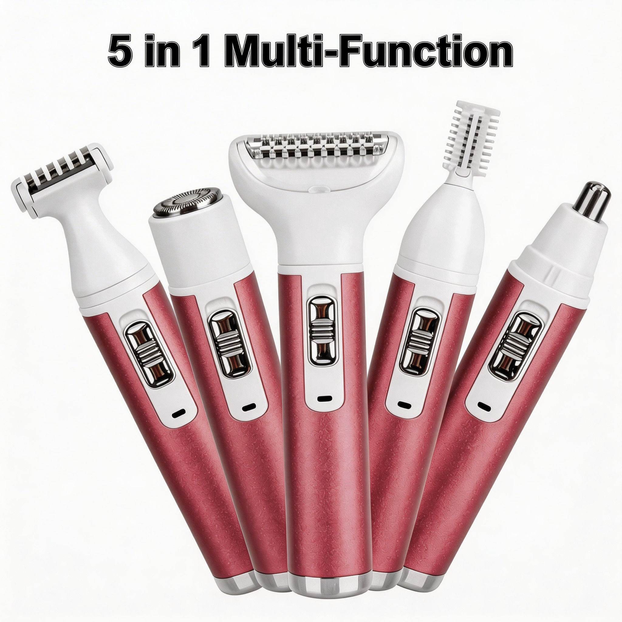 LARGNER เครื่องโกนขนสุภาพสตรี 5-in-1 ชาร์ตได้ กันน้ํามาตรฐาน IPX7 ชุดกรูมมิ่งสําหรับผู้หญิง มาพร้อมใบมีดตัดแต่งคิ้ว จมูก และร่างกายสําหรับโกนขนขา รักแร้ และใบหน้า