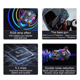 บลูทูธติดหมวกกันน็อครุ่น Y20 MAX เวอร์ชันบลูทูธ 5.3 อินเตอร์คอมพร้อมไฟ RGB แบตเตอรี่ 1000mAh สําหรับนักขี่มอเตอร์ไซค์