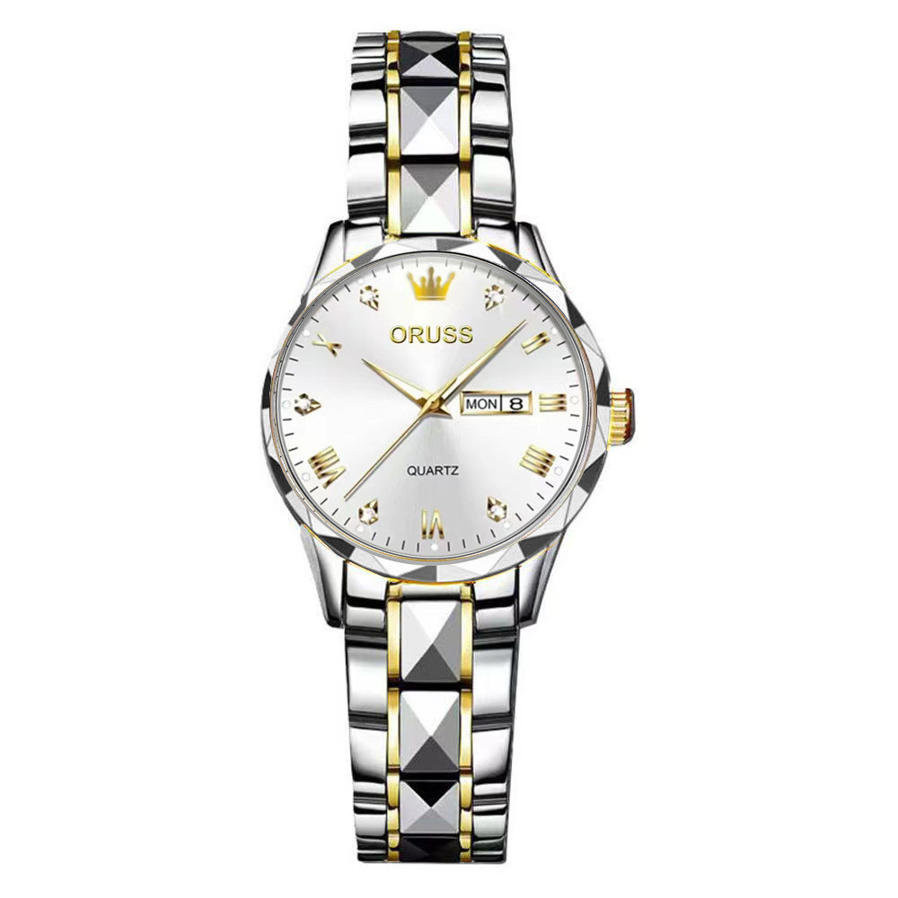 Oruss นาฬิกาผู้หญิงสแตนเลสกันน้ํา Luminous Dual Calendar หน้าปัดสีขาว
