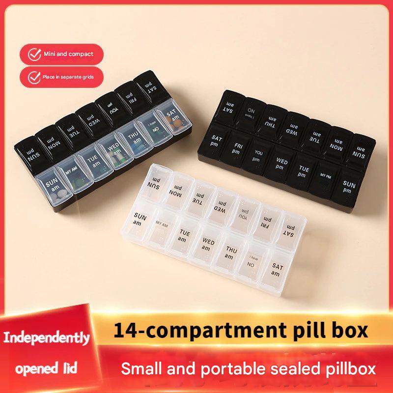 White Weekly Pill Organizer 14 ช่อง 7 วัน AM PM กล่องยาแบบพกพาใส่ยาพร้อมฝาปิด Braille