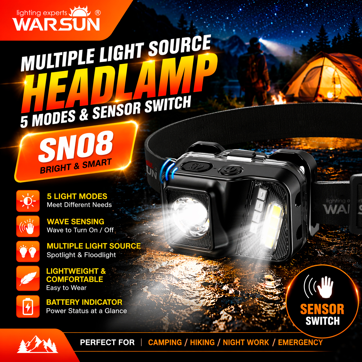 WARSUN SN08 ไฟหน้าแบบชาร์จไฟได้ เซ็นเซอร์ตรวจจับการเคลื่อนไหว โหมดการทํางาน 8 แบบ สําหรับวิ่ง ตกปลา ตั้งแคมป์