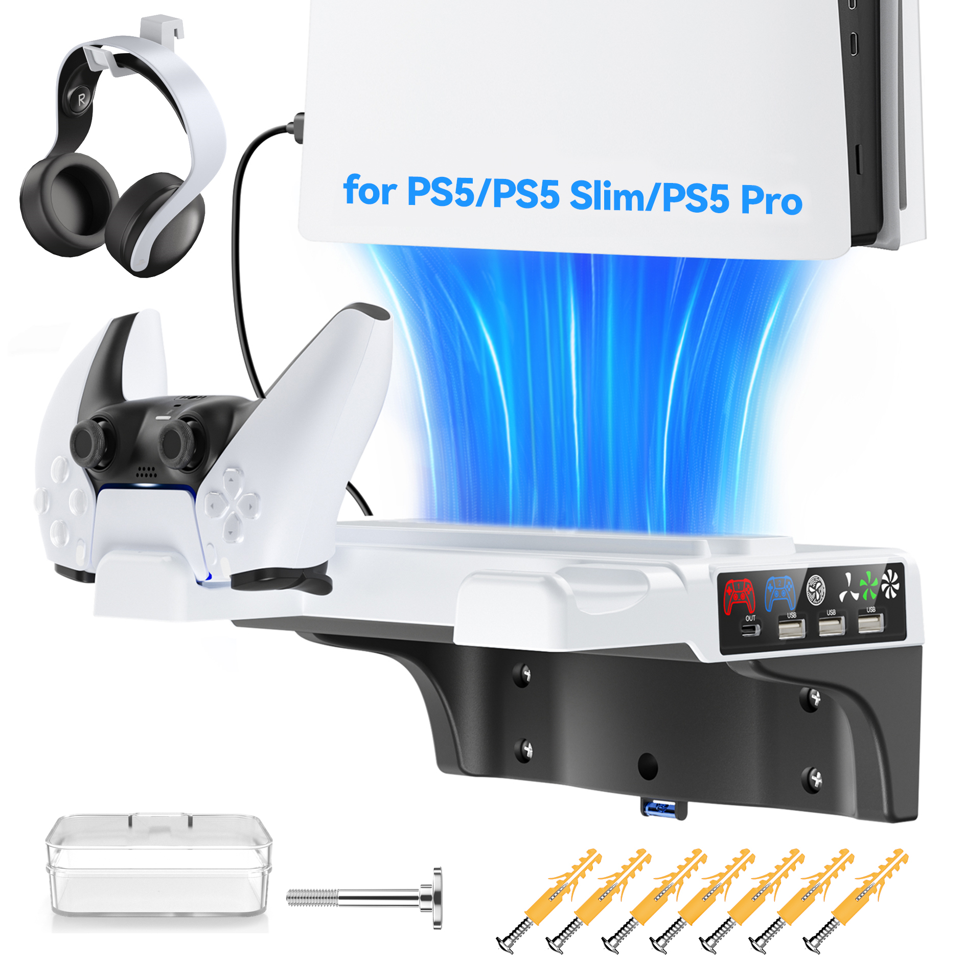 ชุดติดผนังสําหรับ PS5 PRO/PS5 Slim/PS5 Console-แท่นชาร์จคู่เข้ากันได้กับอุปกรณ์เสริม Playstation 5 (