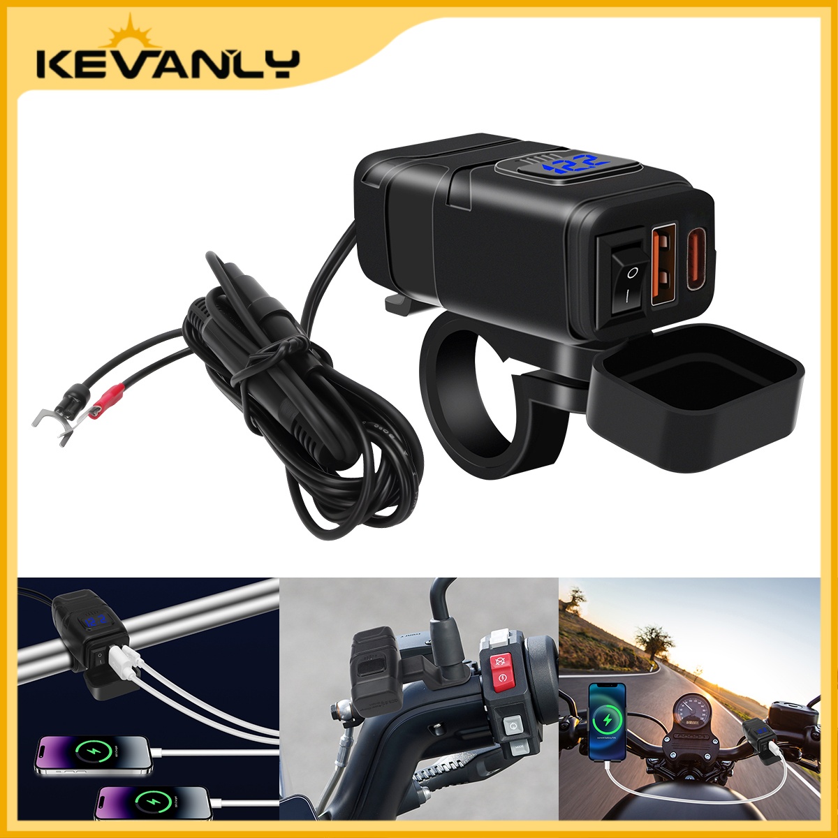 ที่ชาร์จเร็วสําหรับมอเตอร์ไซค์แบบ 2 USB + โวลต์มิเตอร์ + สวิตช์ 3-in-1 ชนิดจับแฮนด์