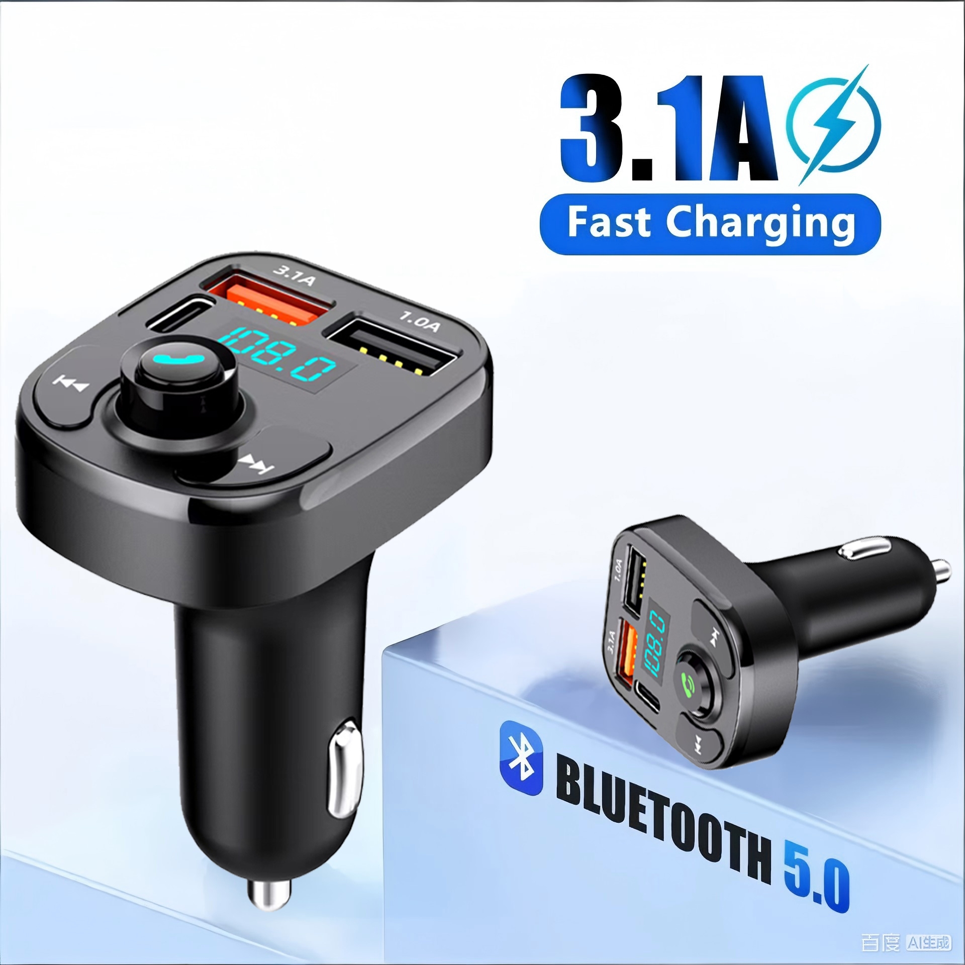 บลูทูธ 5.0 เครื่องส่งสัญญาณ FM ในรถยนต์เครื่องเล่น MP3 แฮนด์ฟรี