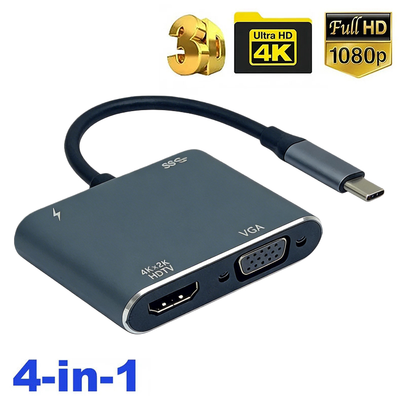 ฮับ Type C 4 in 1 พร้อมพอร์ต HDMI 4K, VGA, USB และอะแดปเตอร์ชาร์จ PD สําหรับ MacBook/แล็ปท็อป
