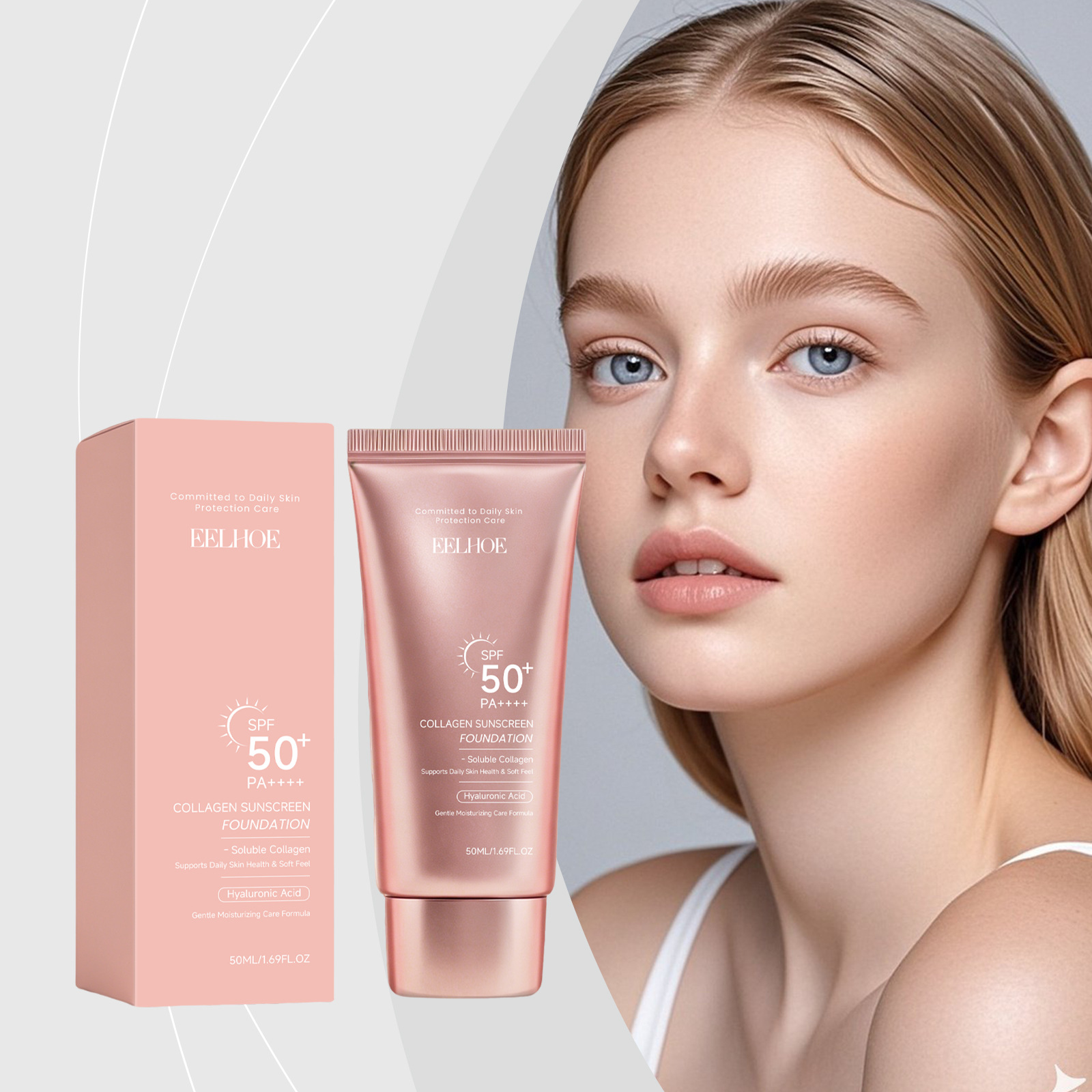 รองพื้น 2 in 1 พร้อม SPF50+ PA++++, คอนซีลเลอร์กันแดดคอลลาเจนให้ความชุ่มชื้น, กันน้ํา ติดทนนาน, 50ml