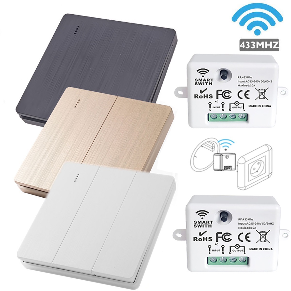 ใหม่ 86 แผง RF 433MHz 1/2/3-Gang สวิตช์อัจฉริยะระยะไกลไร้สายสําหรับไฟ LED และพัดลม
