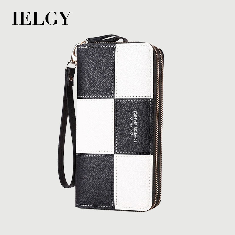 Ielgy กระเป๋าสตางค์ด้ามยาว Tri-tone Patchwork Minimalist Zippered Money Clip